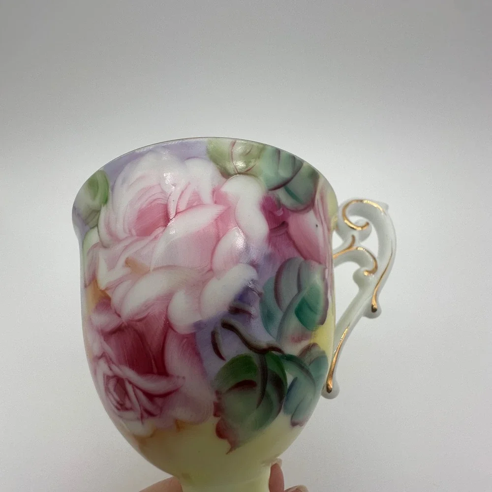 Lefton China Hand Painted Rose Teacup and Saucer Set CY222 Pink Yellow Gold Trim